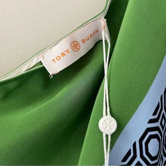 Tory Burch Green, White and Blue Scarf-Print Asymmetrical Maxi Dress - Picture 5 of 11